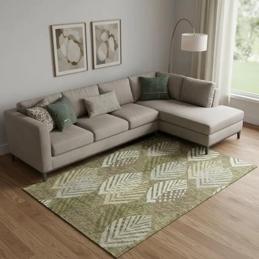 Olive Green Gray And Gold Floral Washable Area Rug With UV Protection Photo 1