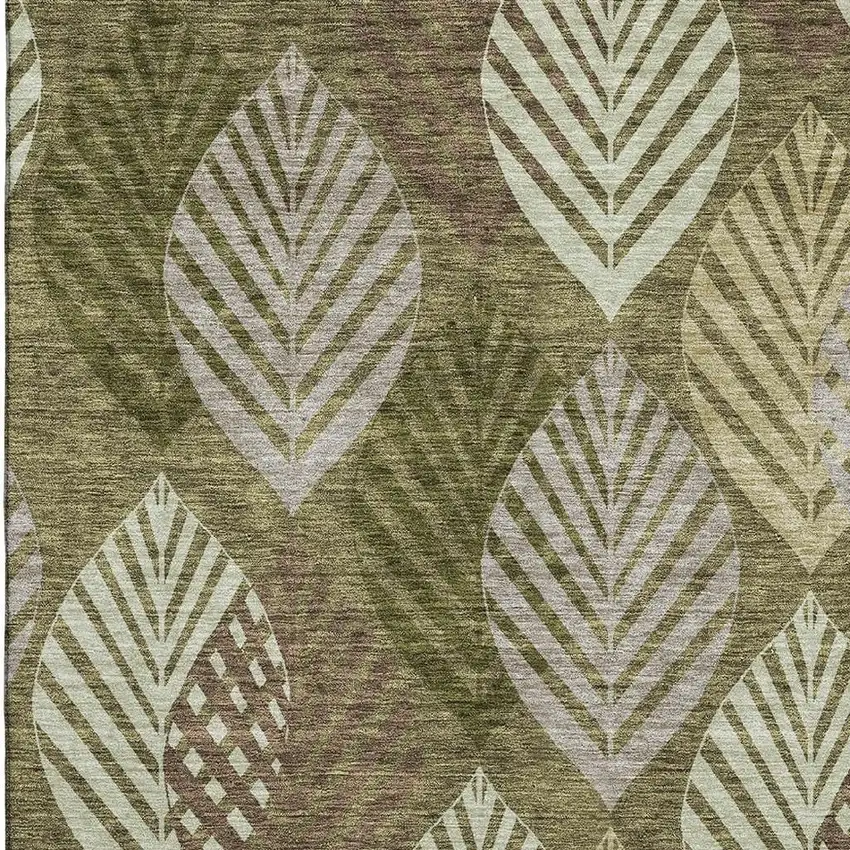 Olive Green Gray And Gold Floral Washable Area Rug With UV Protection Photo 3