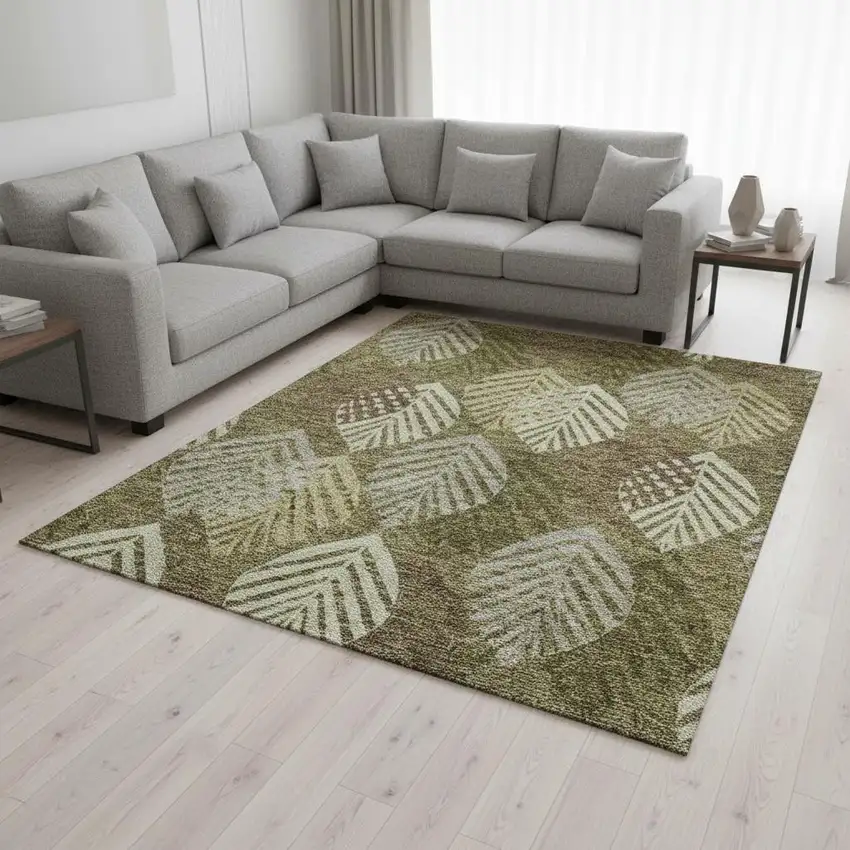 Olive Green Gray And Gold Floral Washable Area Rug With UV Protection Photo 2
