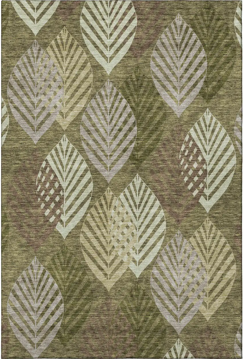 Olive Green Gray And Gold Floral Washable Area Rug With UV Protection Photo 4