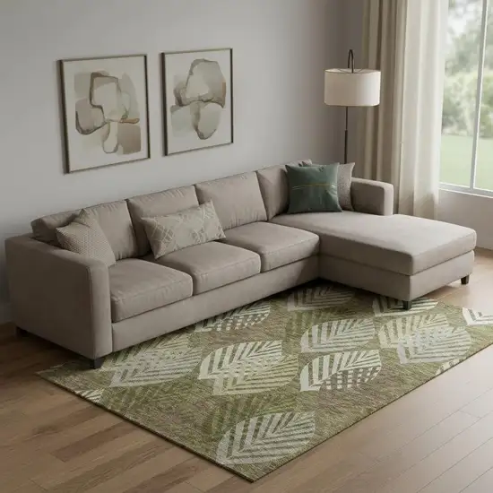 Olive Green Gray And Gold Floral Washable Area Rug With UV Protection Photo 1