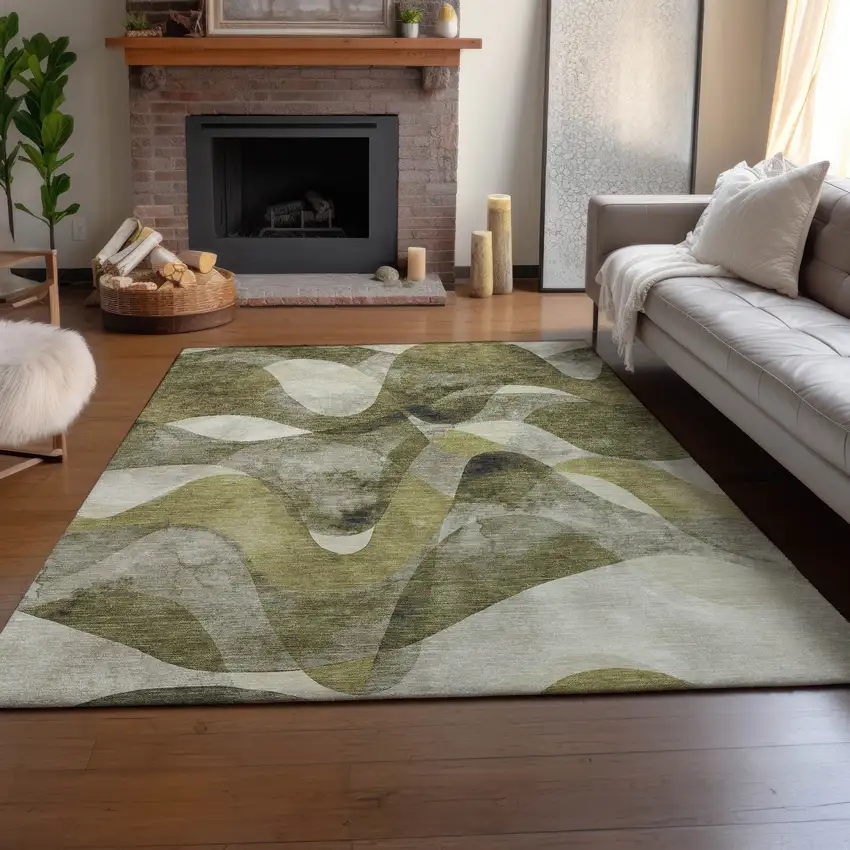 Olive Green Gray And Ivory Abstract Washable Area Rug With UV Protection Photo 6