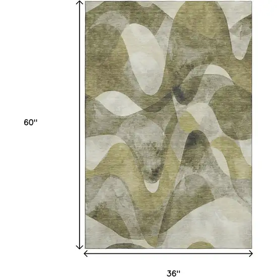 Olive Green Gray And Ivory Abstract Washable Area Rug With UV Protection Photo 7