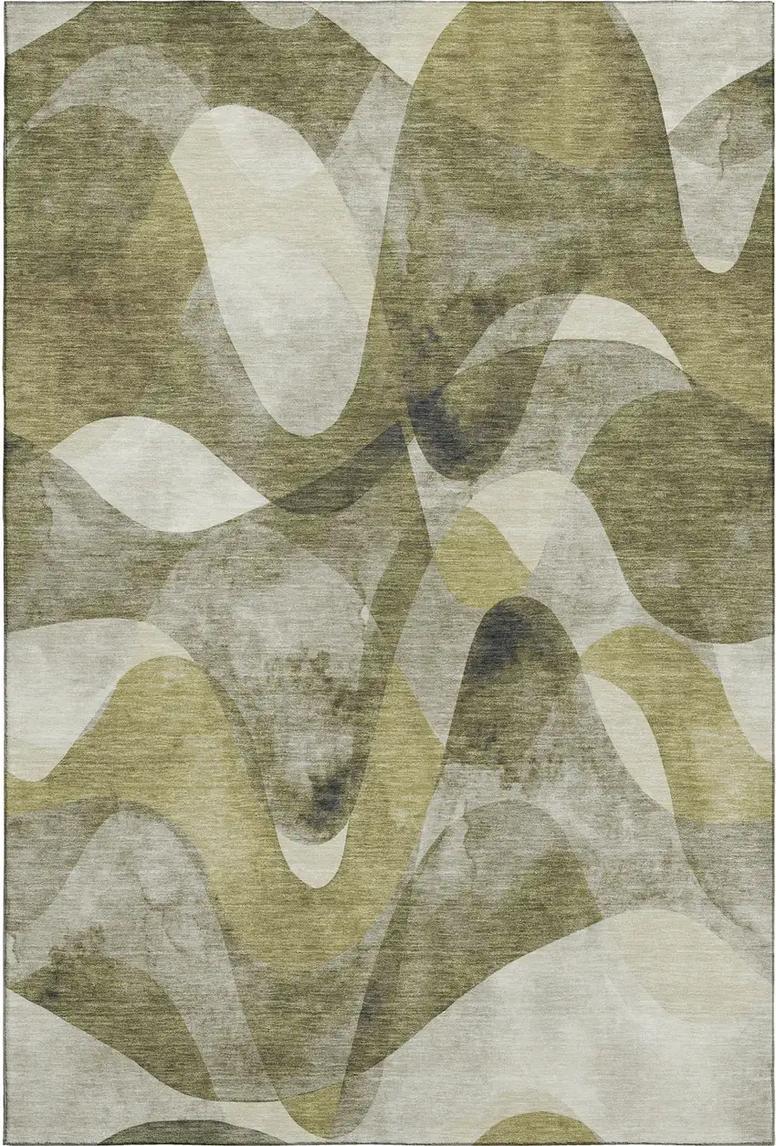 Olive Green Gray And Ivory Abstract Washable Area Rug With UV Protection Photo 1