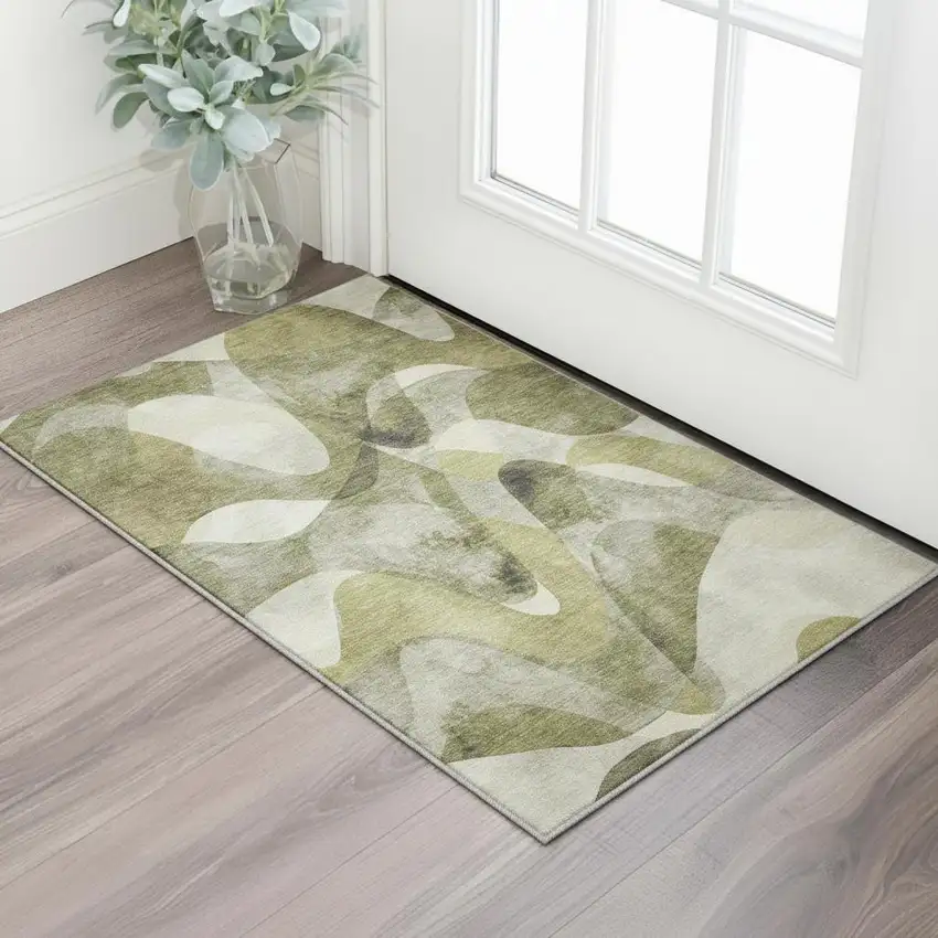 Olive Green Gray And Ivory Abstract Washable Area Rug With UV Protection Photo 2