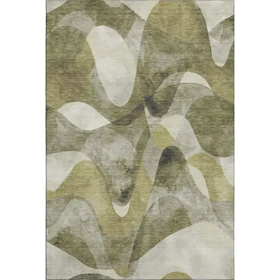 Olive Green Gray And Ivory Abstract Washable Area Rug With UV Protection Photo 1