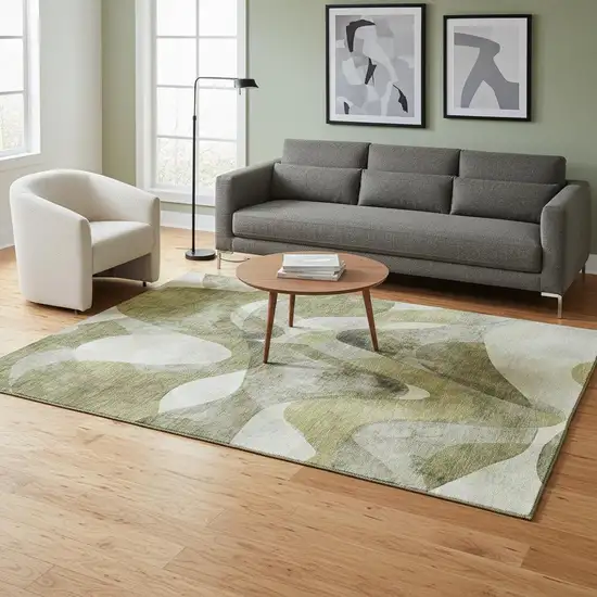 Olive Green Gray And Ivory Abstract Washable Area Rug With UV Protection Photo 2