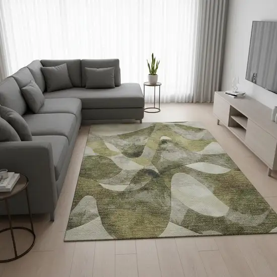 Olive Green Gray And Ivory Abstract Washable Area Rug With UV Protection Photo 2