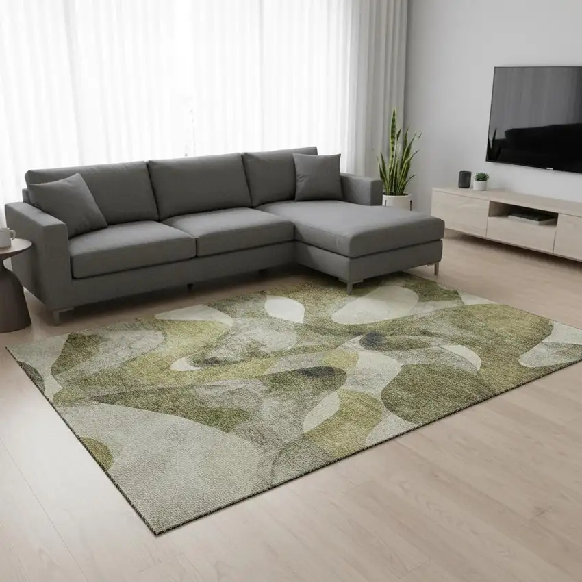 Olive Green Gray And Ivory Abstract Washable Area Rug With UV Protection Photo 2