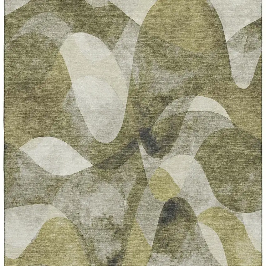 Olive Green Gray And Ivory Abstract Washable Area Rug With UV Protection Photo 7