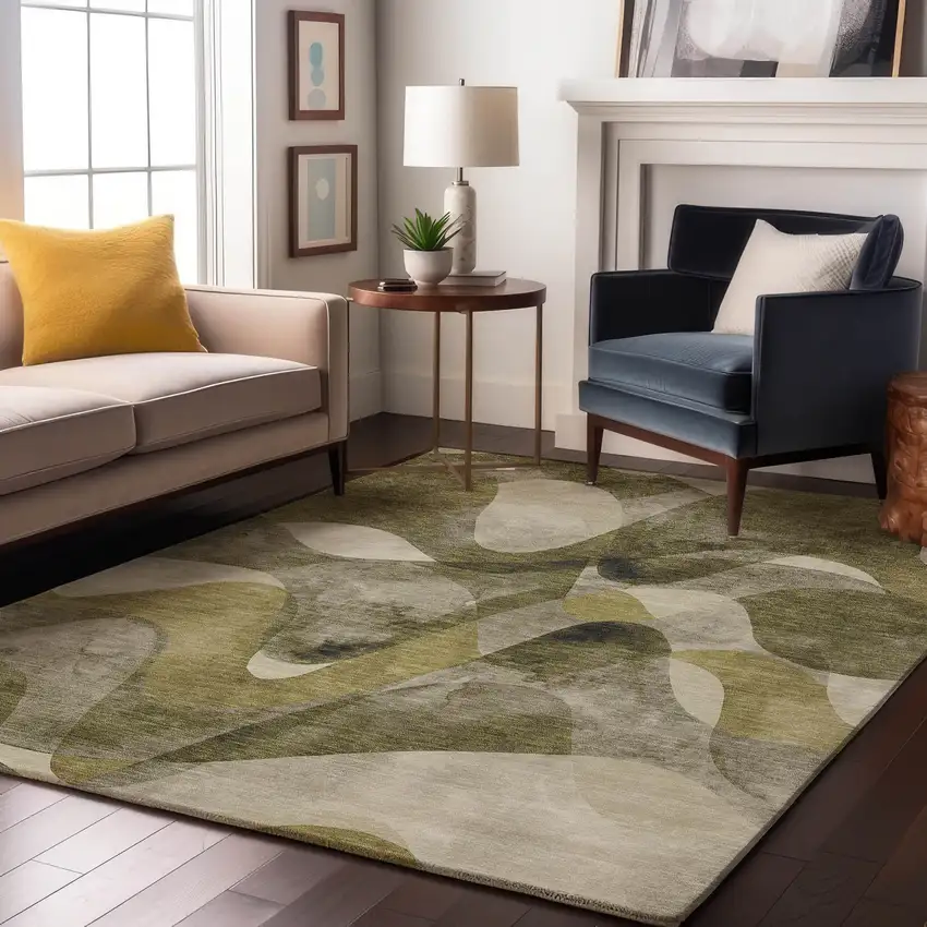 Olive Green Gray And Ivory Abstract Washable Area Rug With UV Protection Photo 8