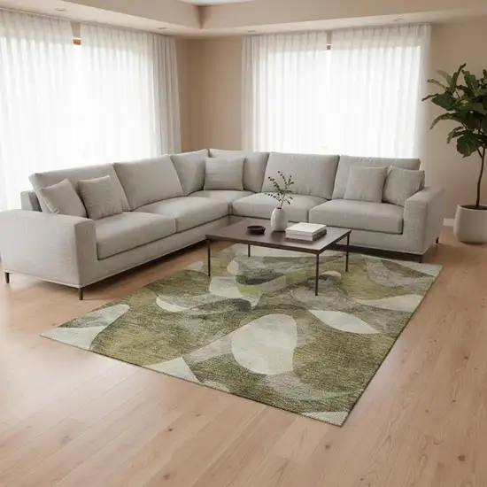 Olive Green Gray And Ivory Abstract Washable Area Rug With UV Protection Photo 2