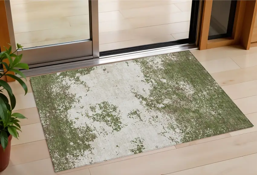 Olive Green Gray And Ivory Abstract Washable Indoor Outdoor Area Rug Photo 1