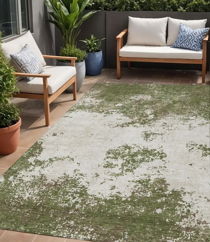 Olive Green Gray And Ivory Abstract Washable Indoor Outdoor Area Rug Photo 1