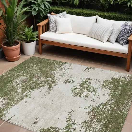 Olive Green Gray And Ivory Abstract Washable Indoor Outdoor Area Rug Photo 1