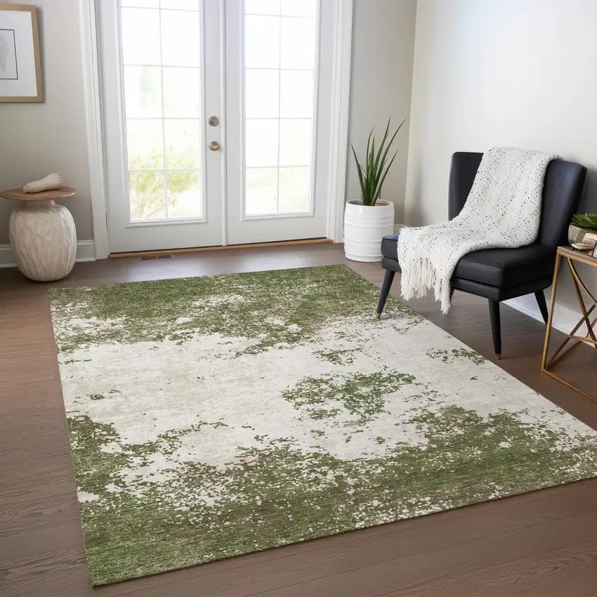 Olive Green Gray And Ivory Abstract Washable Indoor Outdoor Area Rug Photo 9