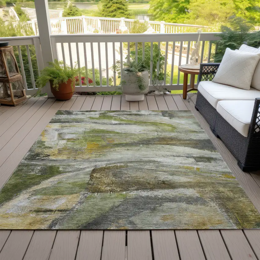 Olive Green Gray And Ivory Abstract Washable Indoor Outdoor Area Rug Photo 7