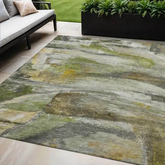 Olive Green Gray And Ivory Abstract Washable Indoor Outdoor Area Rug Photo 2