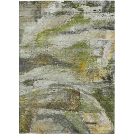 Olive Green Gray And Ivory Abstract Washable Indoor Outdoor Area Rug Photo 1