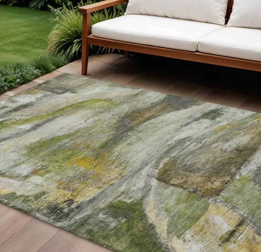 Olive Green Gray And Ivory Abstract Washable Indoor Outdoor Area Rug Photo 2