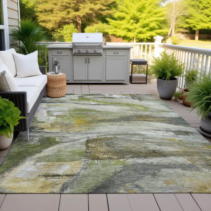 Olive Green Gray And Ivory Abstract Washable Indoor Outdoor Area Rug Photo 5