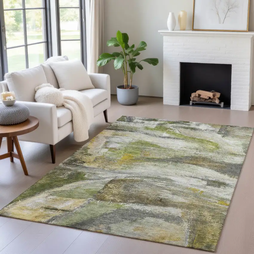 Olive Green Gray And Ivory Abstract Washable Indoor Outdoor Area Rug Photo 6