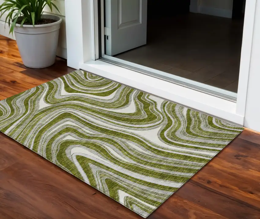 Olive Green Gray And Ivory Abstract Washable Indoor Outdoor Area Rug Photo 1