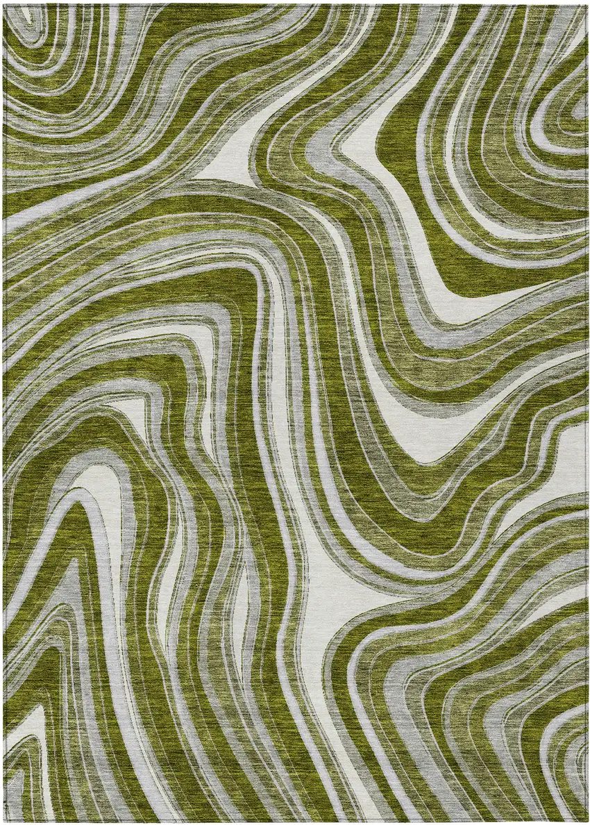 Olive Green Gray And Ivory Abstract Washable Indoor Outdoor Area Rug Photo 1
