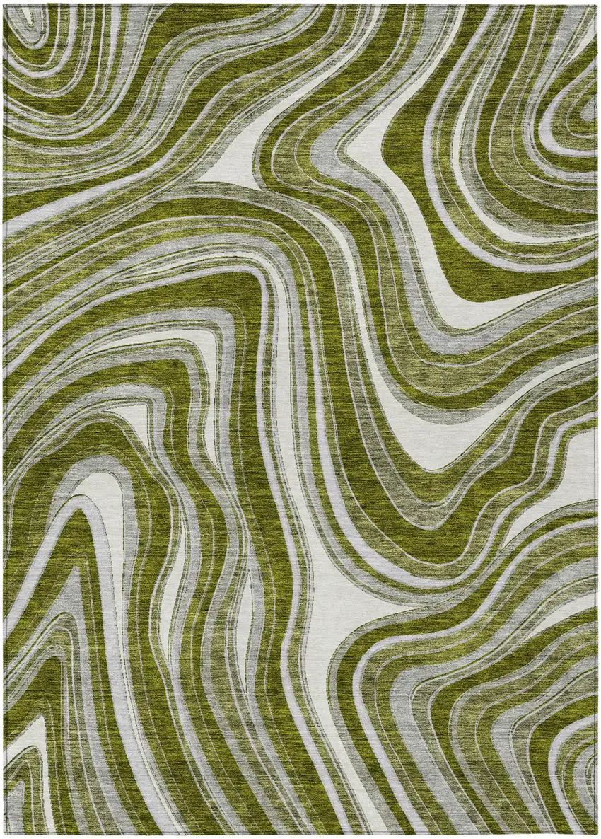 Olive Green Gray And Ivory Abstract Washable Indoor Outdoor Area Rug Photo 1