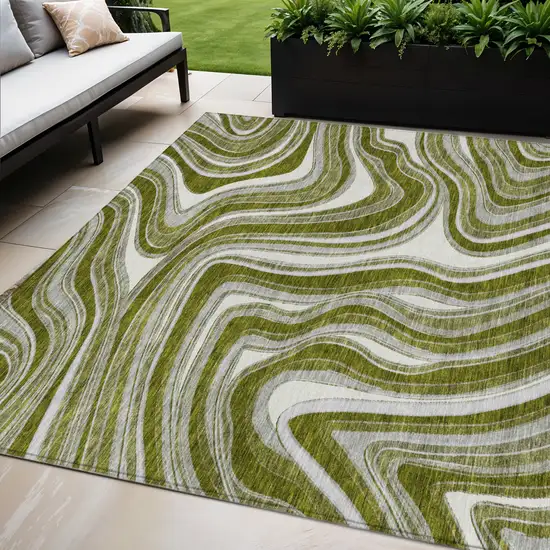 Olive Green Gray And Ivory Abstract Washable Indoor Outdoor Area Rug Photo 1