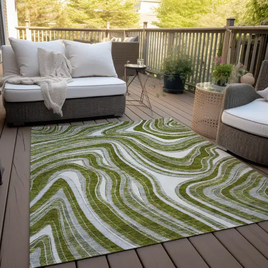 Olive Green Gray And Ivory Abstract Washable Indoor Outdoor Area Rug Photo 9