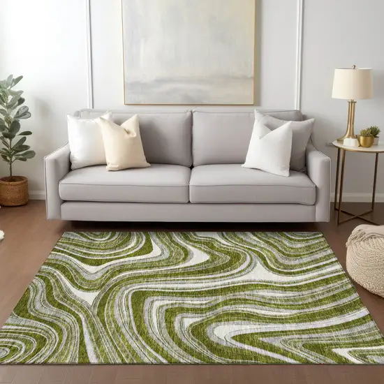 Olive Green Gray And Ivory Abstract Washable Indoor Outdoor Area Rug Photo 8