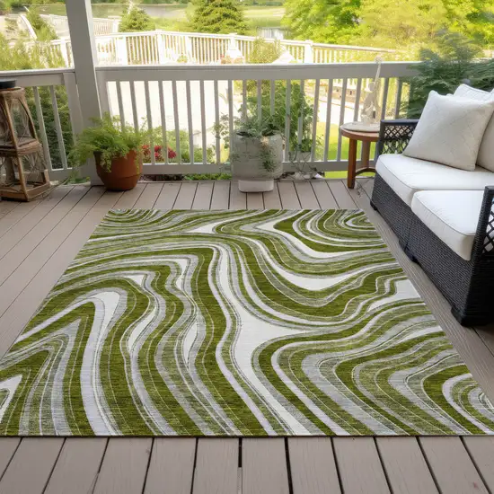 Olive Green Gray And Ivory Abstract Washable Indoor Outdoor Area Rug Photo 6