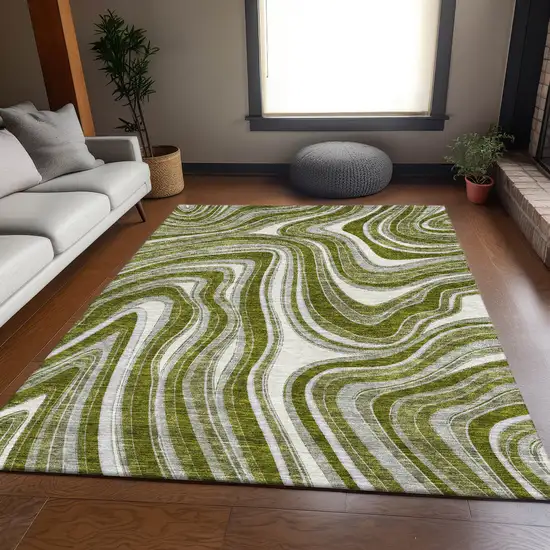 Olive Green Gray And Ivory Abstract Washable Indoor Outdoor Area Rug Photo 7