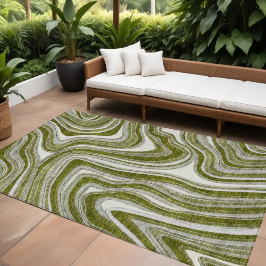 Olive Green Gray And Ivory Abstract Washable Indoor Outdoor Area Rug Photo 1