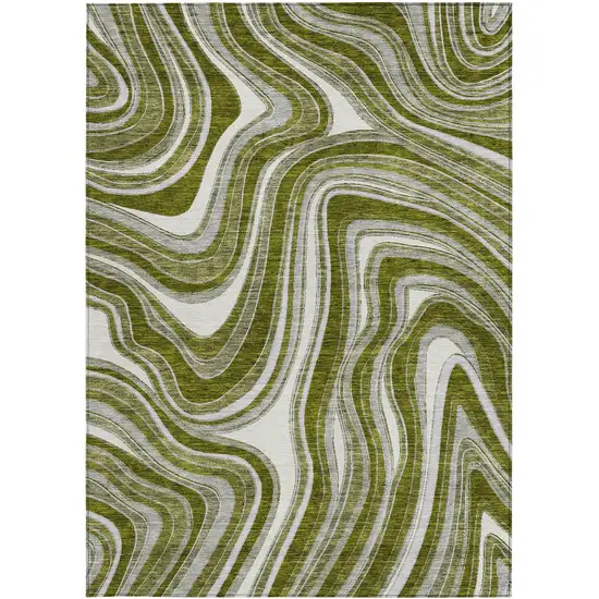 Olive Green Gray And Ivory Abstract Washable Indoor Outdoor Area Rug Photo 4