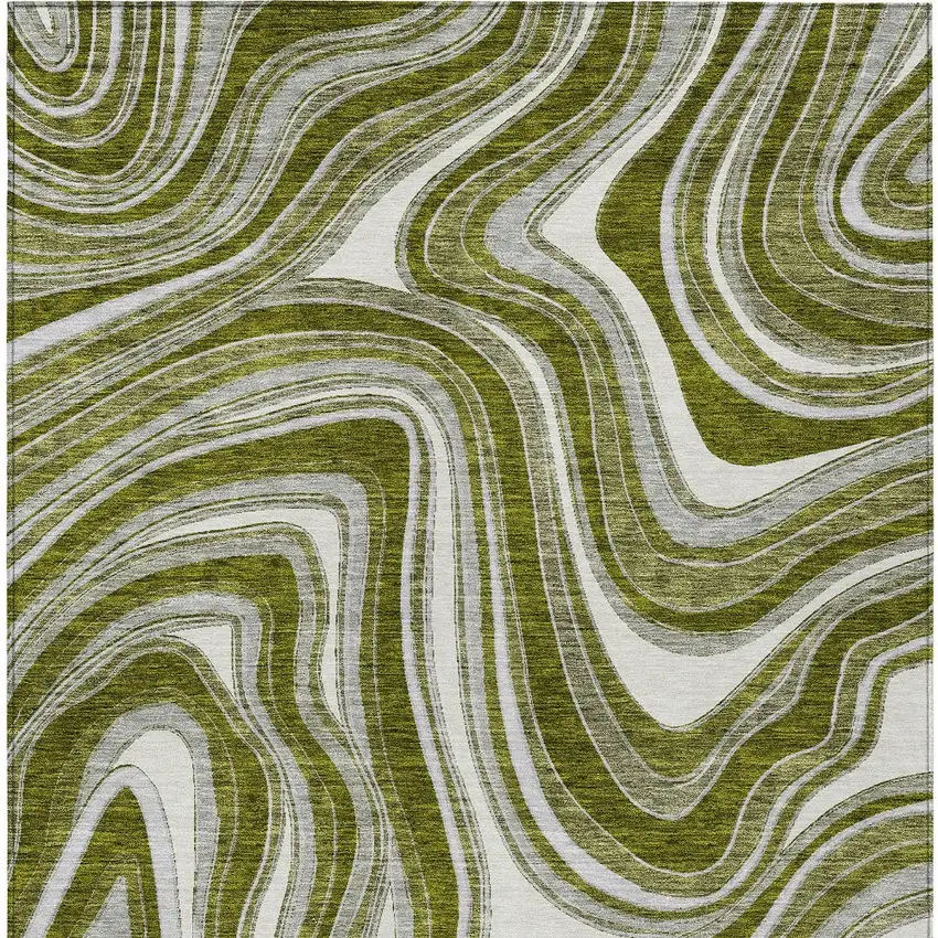 Olive Green Gray And Ivory Abstract Washable Indoor Outdoor Area Rug Photo 5