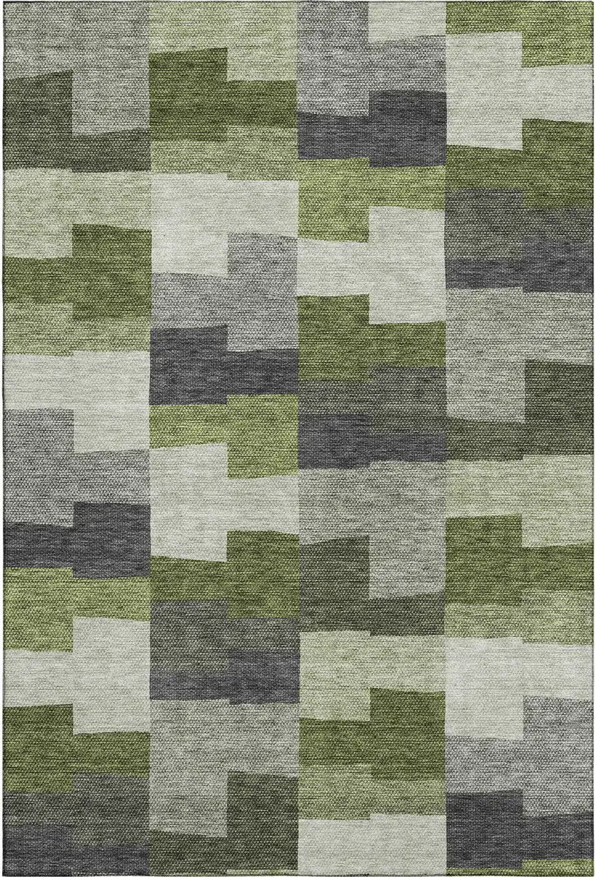Olive Green Gray And Ivory Geometric Washable Area Rug With UV Protection Photo 1