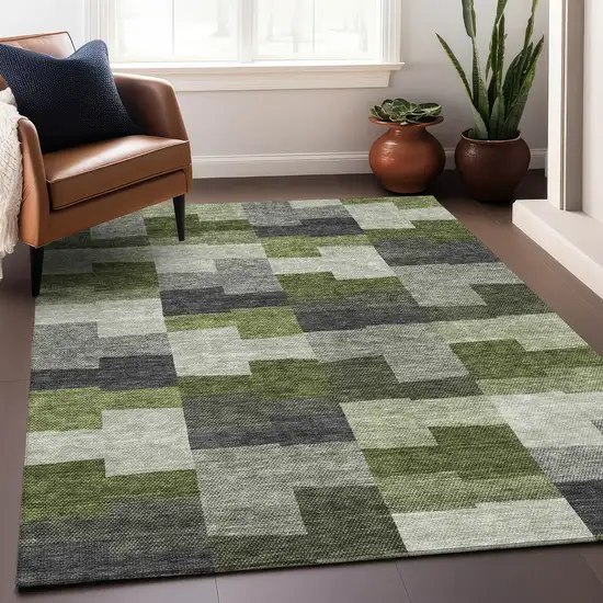 Olive Green Gray And Ivory Geometric Washable Area Rug With UV Protection Photo 5