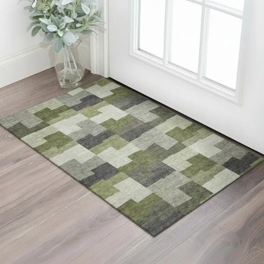 Olive Green Gray And Ivory Geometric Washable Area Rug With UV Protection Photo 1