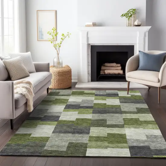 Olive Green Gray And Ivory Geometric Washable Area Rug With UV Protection Photo 4