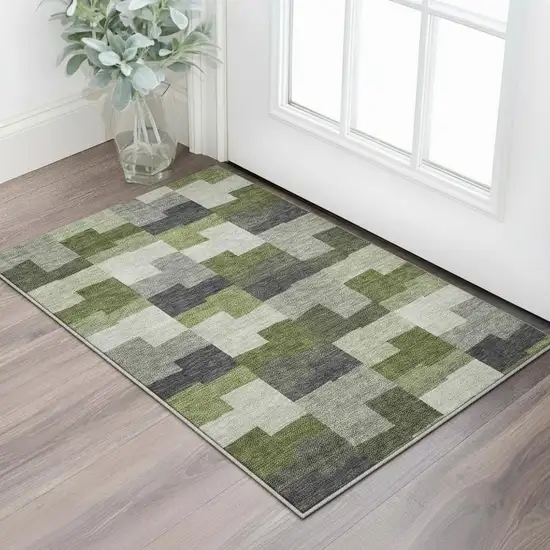 Olive Green Gray And Ivory Geometric Washable Area Rug With UV Protection Photo 3