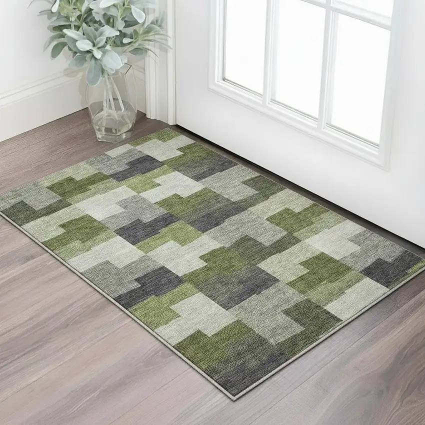 Olive Green Gray And Ivory Geometric Washable Area Rug With UV Protection Photo 3