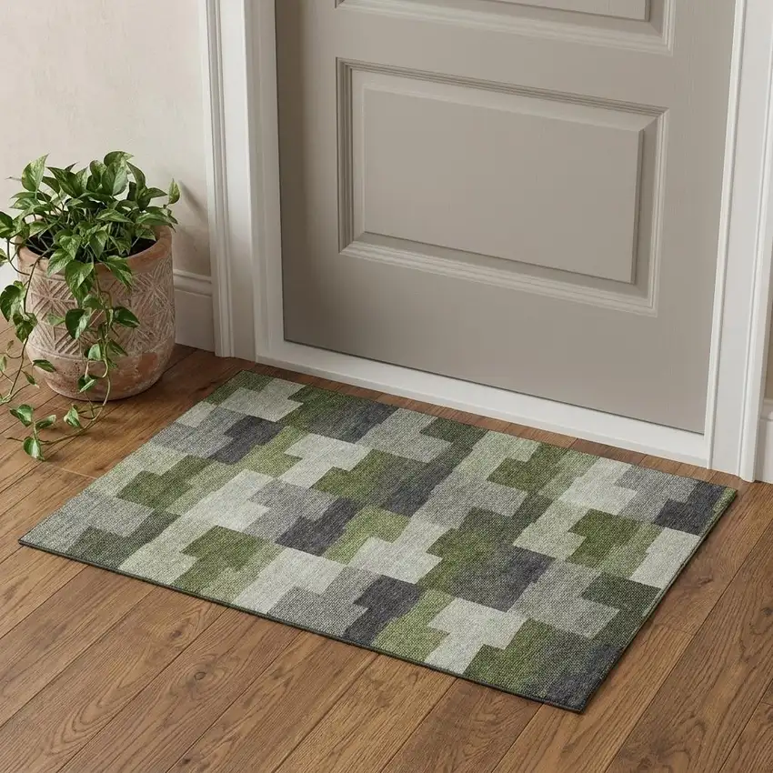 Olive Green Gray And Ivory Geometric Washable Area Rug With UV Protection Photo 1
