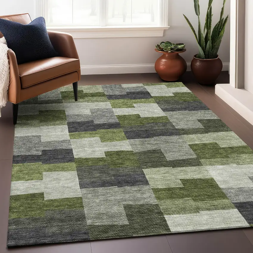 Olive Green Gray And Ivory Geometric Washable Area Rug With UV Protection Photo 4