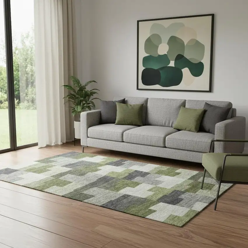 Olive Green Gray And Ivory Geometric Washable Area Rug With UV Protection Photo 1