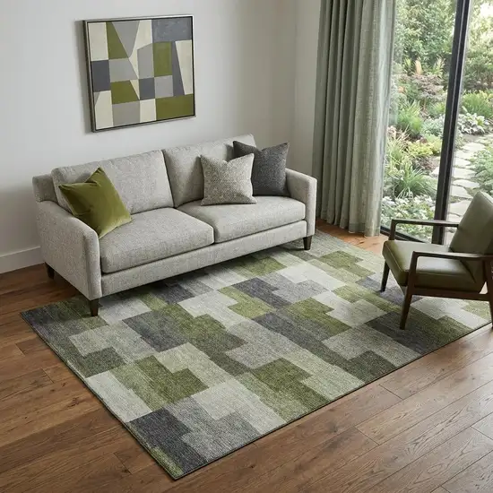Olive Green Gray And Ivory Geometric Washable Area Rug With UV Protection Photo 1