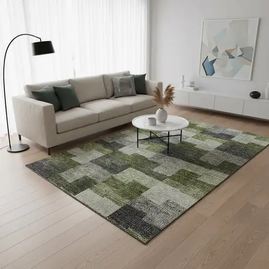 Olive Green Gray And Ivory Geometric Washable Area Rug With UV Protection Photo 1