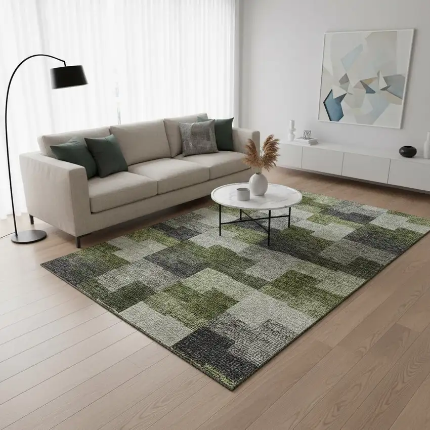 Olive Green Gray And Ivory Geometric Washable Area Rug With UV Protection Photo 1