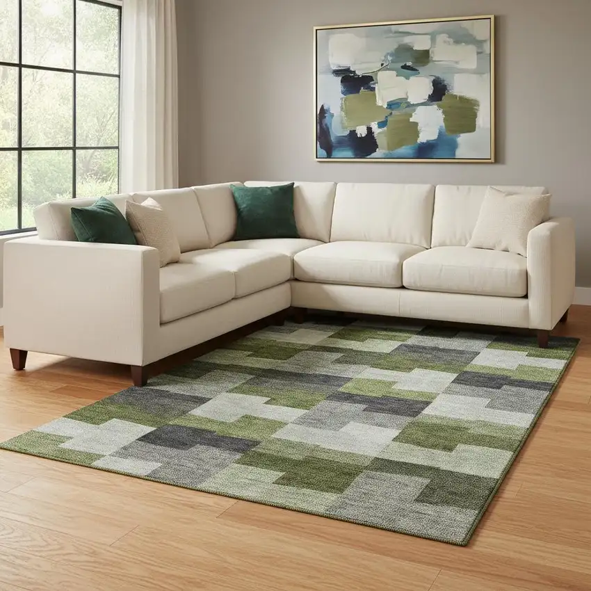 Olive Green Gray And Ivory Geometric Washable Area Rug With UV Protection Photo 1